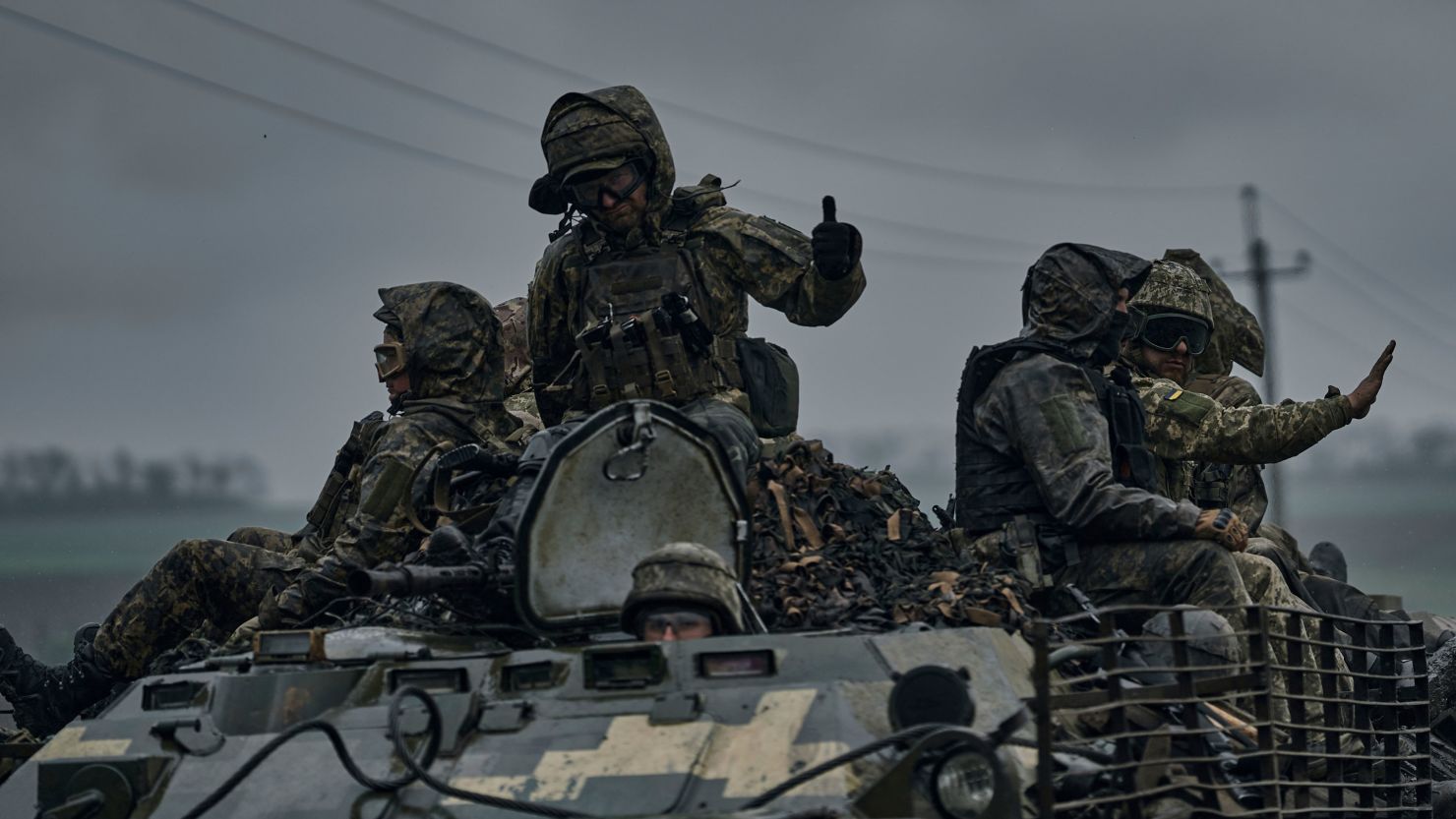 Ukrainian servicemen ride towards frontline positions near Vuhledar, Donetsk region, Ukraine, Monday, May 1, 2023. 