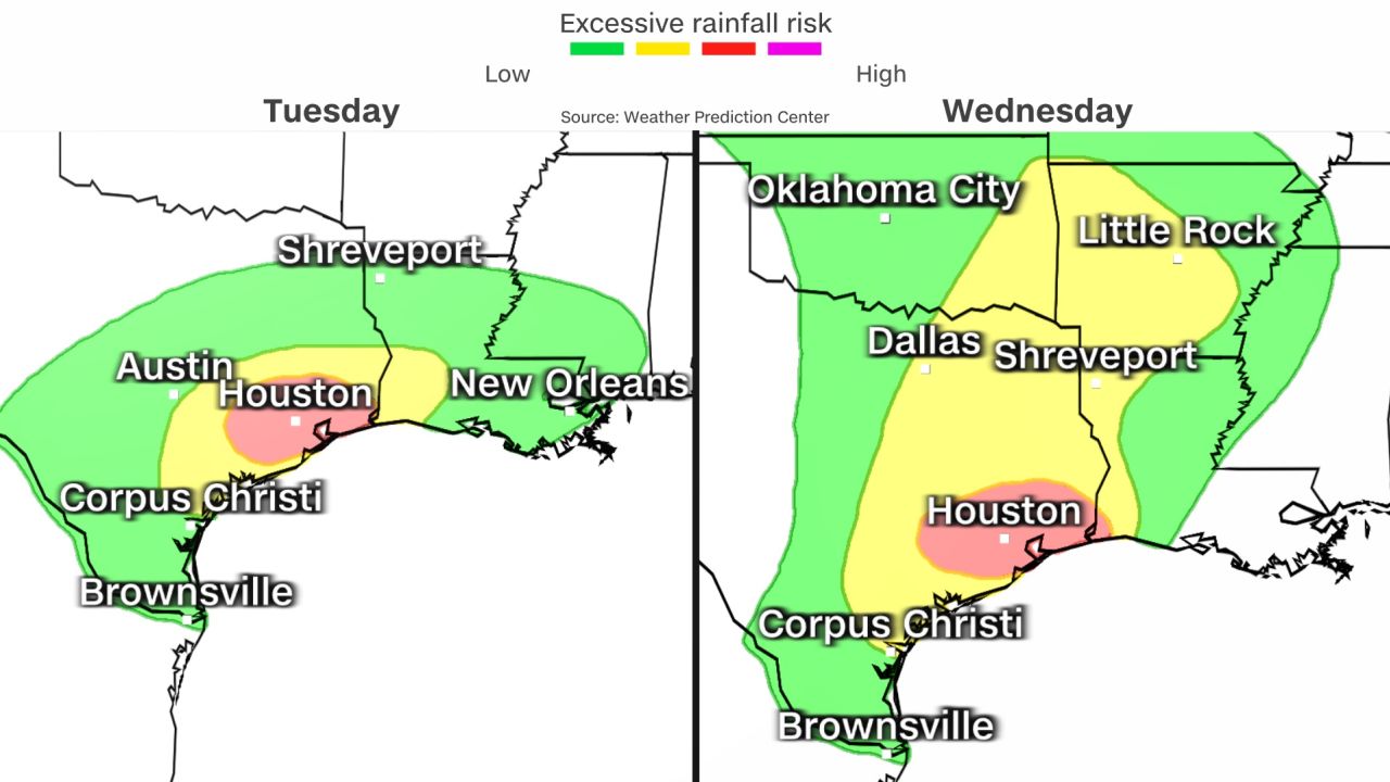 A Level 3 out of 4 risk for excessive rainfall has been issued across southeastern Texas for both Tuesday and Wednesday ahead of flooding rains.