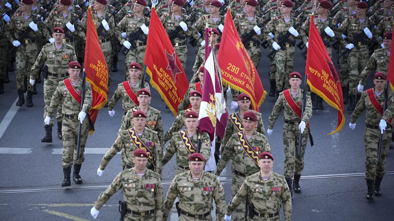 Russian soldiers march toward the Red Square to attend the Victory Day parade in Moscow on Tuesday.