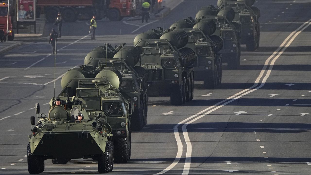 Russian S-400 anti-aircraft missile systems head towards the Red Square for the Victory Day parade.