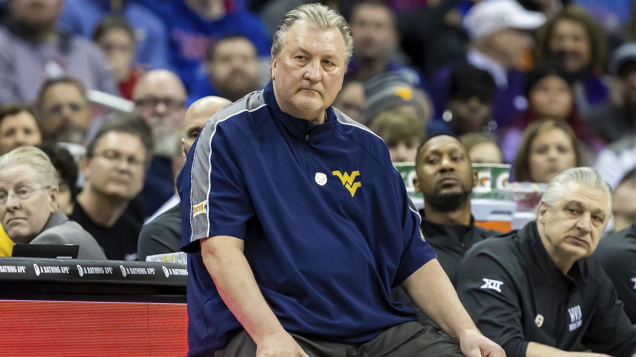 West Virginia head coach Bob Huggins watches on during a game on March 9.