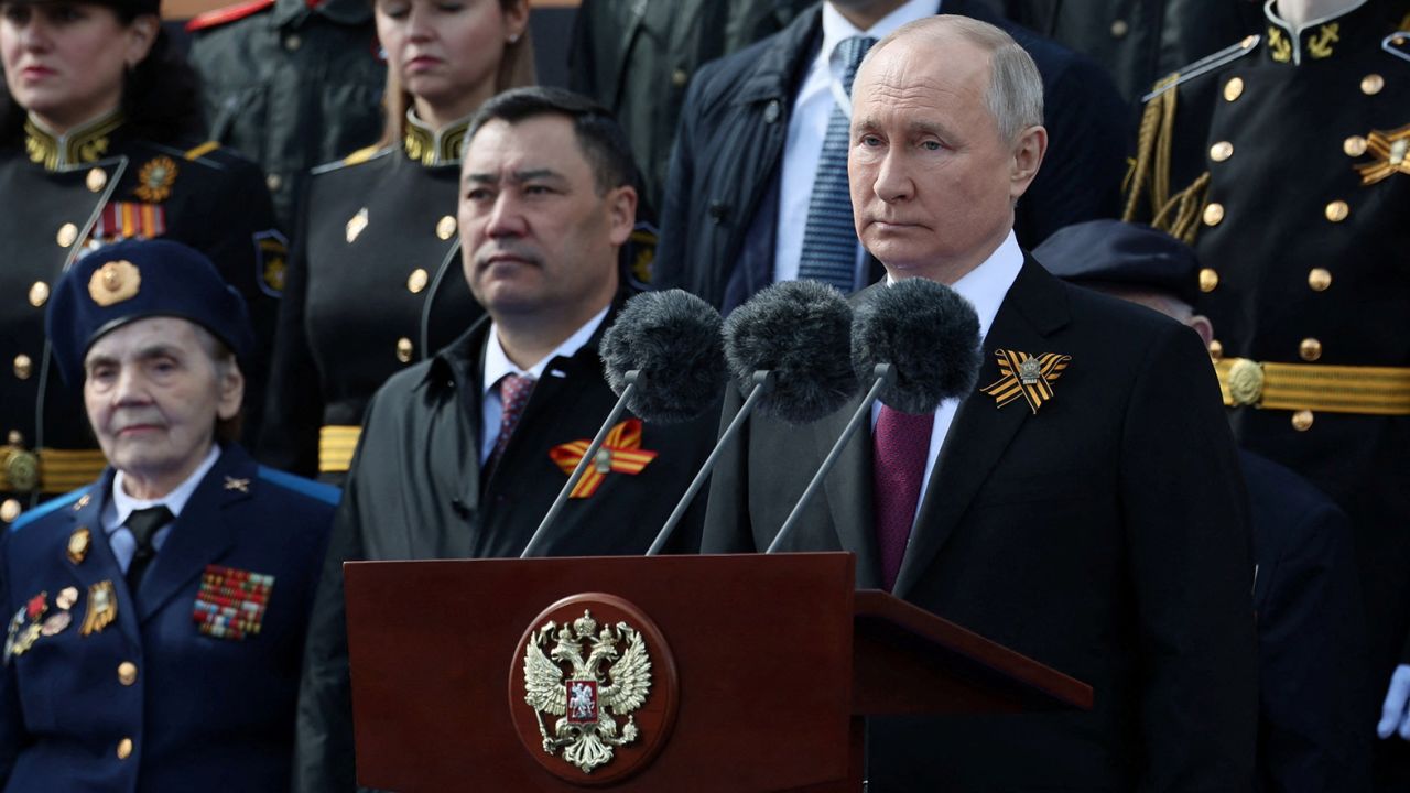 Russian President Vladimir Putin (right) delivered a combative speech at the Victory Day parade in Moscow's Red Square.