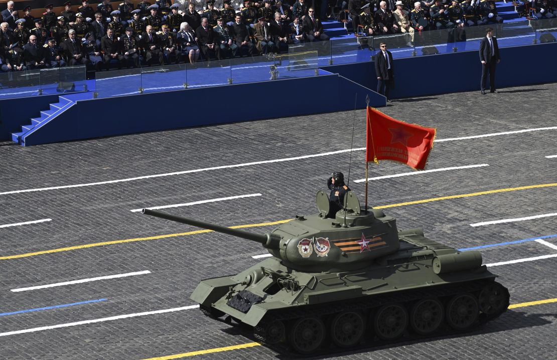 A lone T-34 Soviet-era tank appears at the Victory Day military parade, as Moscow seemingly pared down the ceremony.