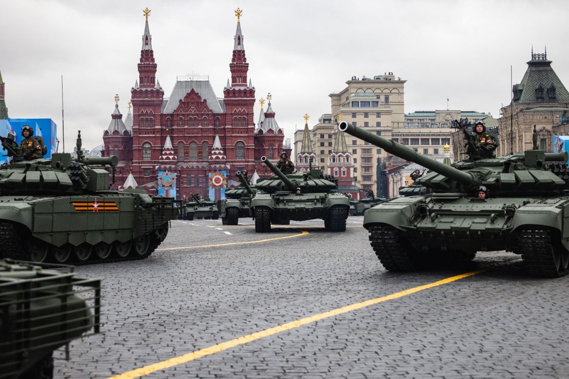 In the 2021 Victory Day parade, dozens of tanks are seen moving through Red Square.