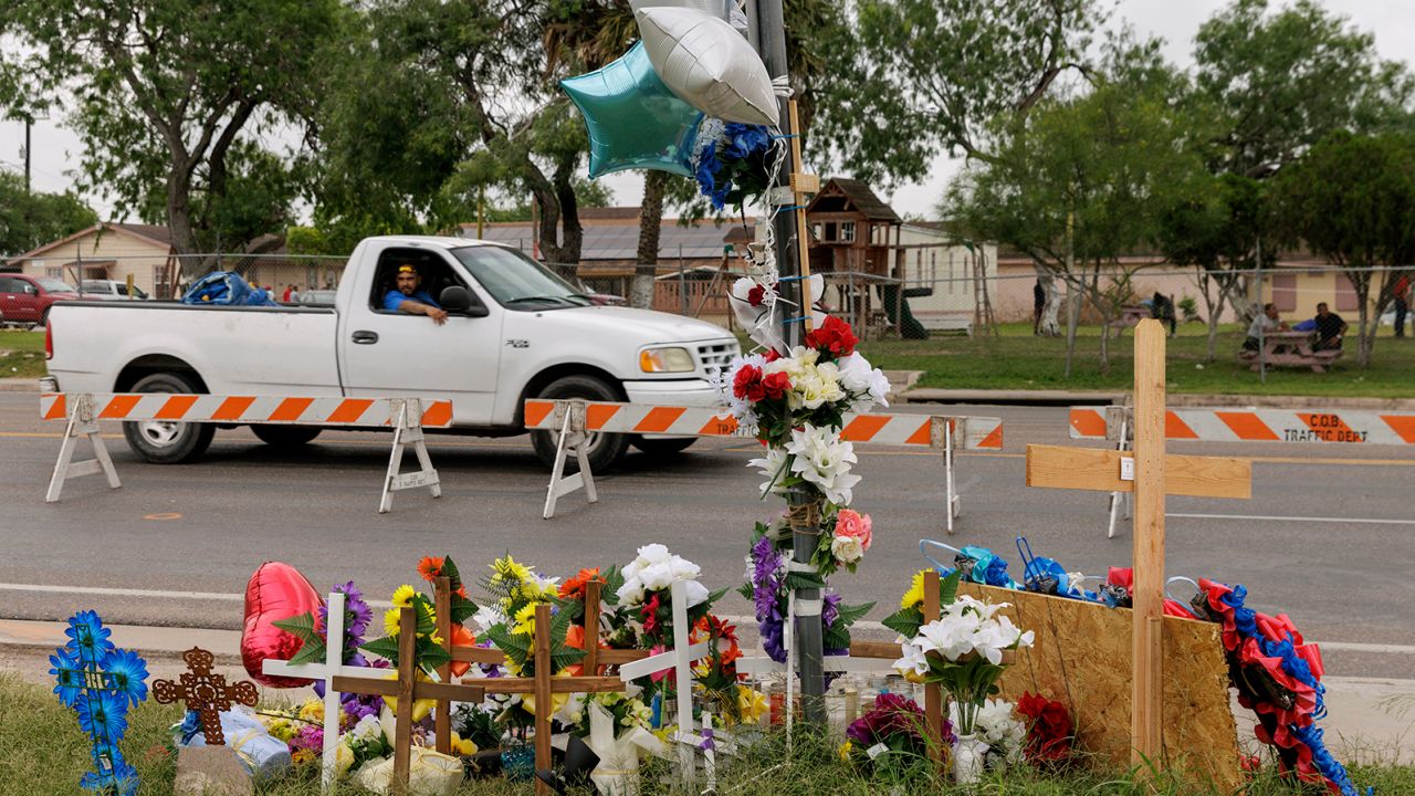 A memorial site set up after a deadly crash at a bus stop in Brownsville, Texas, seen on Monday.