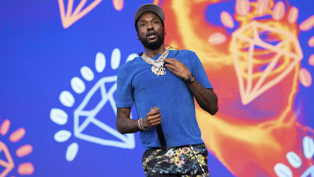 Meek Mill performs at the Wireless Music Festival, Crystal Palace Park, London, England, Saturday, Sep. 11, 2021. (AP Photo/Scott Garfitt)