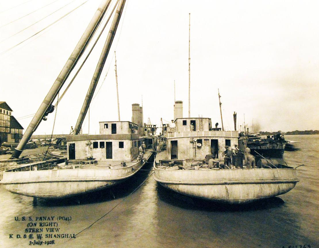 The USS Panay, at right, of the US Navy's Yangtze River Patrol is shown in Shanghai, China, in 1928.