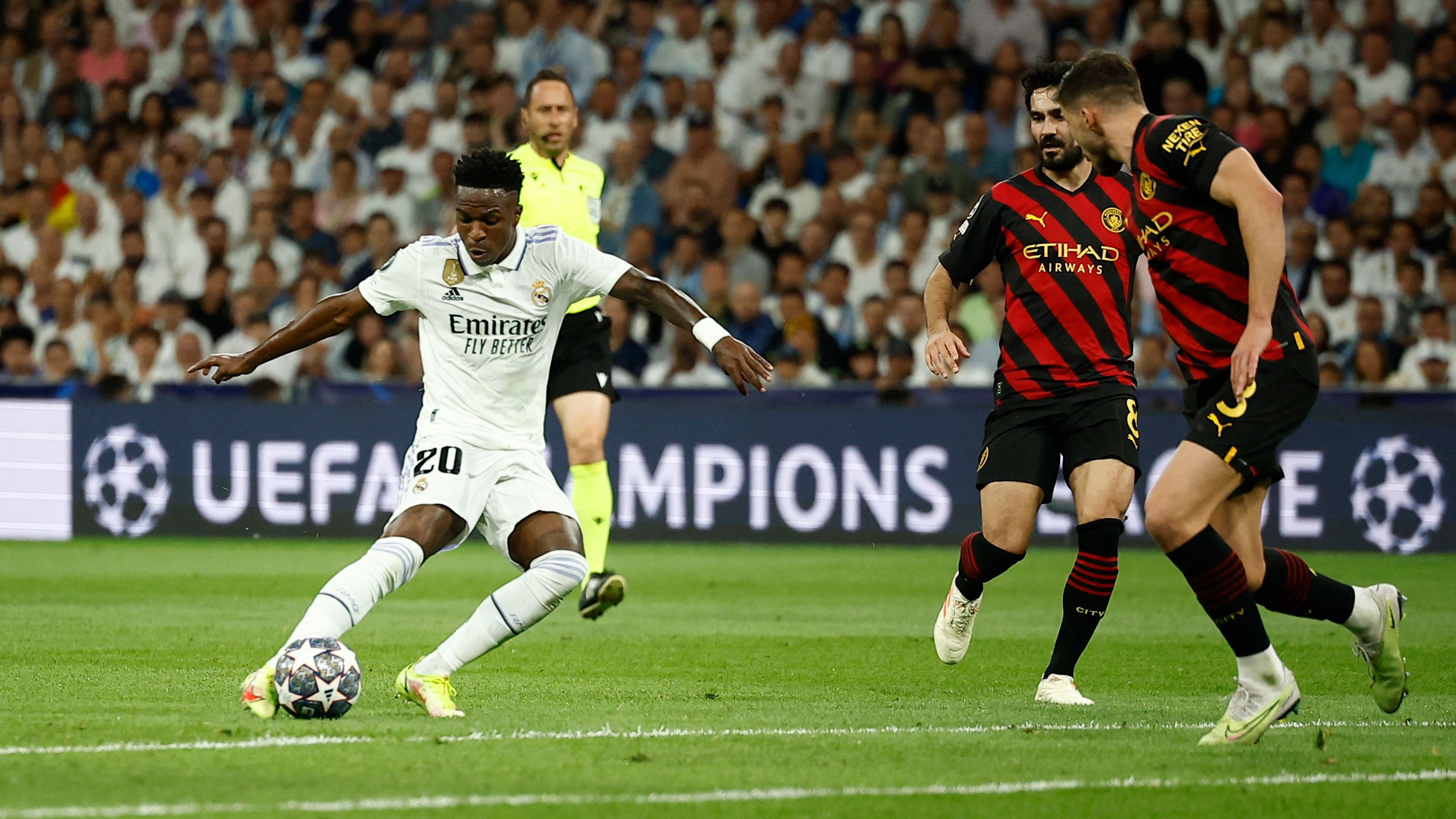 Champions League: Stunning strikes from Vinícius Jr. and Kevin De Bruyne  leave semifinal tie between Real Madrid and Manchester City finely balanced