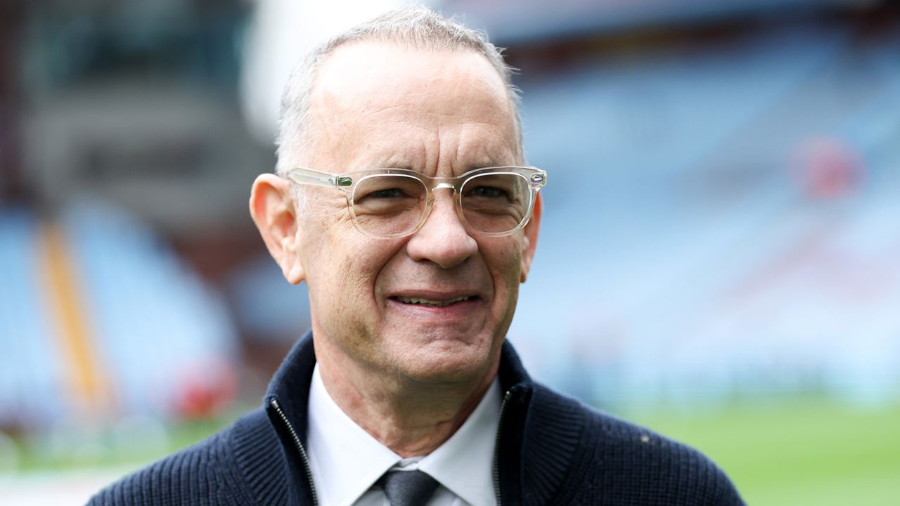 BIRMINGHAM, ENGLAND - FEBRUARY 18: Actor Tom Hanks picture before the Premier League match between Aston Villa and Arsenal FC at Villa Park on February 18, 2023 in Birmingham, England. (Photo by Neville Williams/Aston Villa FC via Getty Images)