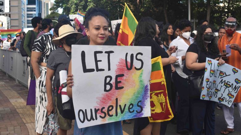 Colombo, Sri Lanka. 25th June 2022. A pride protest rally to celebrate Pride month was held by the LGBTQ community protesting against the current President and Government of Sri Lanka. The protestors demanded that the President resigns. The Lesbian, Gay, Bisexual, Transsexual, Intersex and Queer community came together to gain visibility, social, and self-acceptance, and demand for legal rights of the community. Pride is a celebration of diversity, equality, unity, and freedom. This was the first time a pride protest march was held in Sri Lanka. (Photo by: Ricky Simms/Majority World/Universal Images Group via Getty Images)