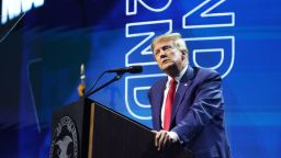 INDIANAPOLIS, INDIANA - APRIL 14: Former President Donald Trump speaks to guests at the 2023 NRA-ILA Leadership Forum on April 14, 2023 in Indianapolis, Indiana. The forum is part of the National Rifle Association's Annual Meetings & Exhibits which begins today and runs through Sunday. (Photo by Scott Olson/Getty Images)