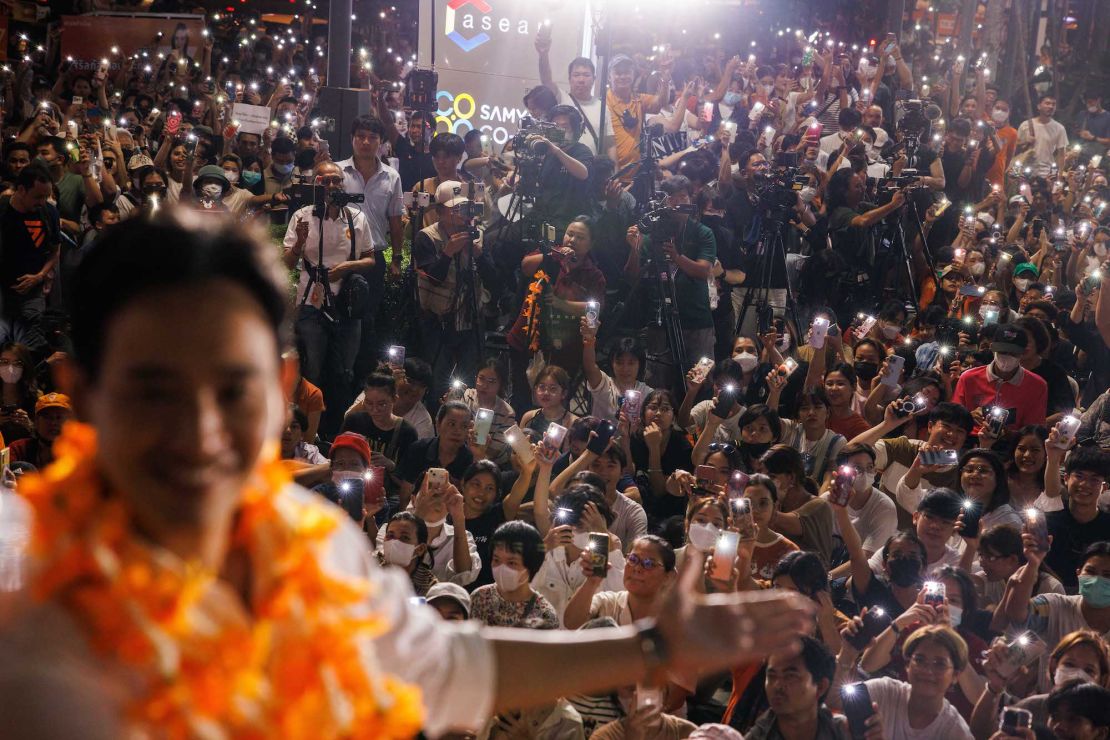 Move Forward Party supporters hold up mobile phone lights in support of Pita Limjaroenrat, leader of the Move Forward Party, during a campaign rally in Bangkok, Thailand, on April 22.