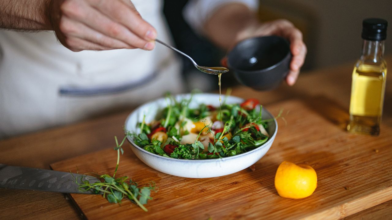 Making a vinaigrette simply involves combining a fat and an acid. 