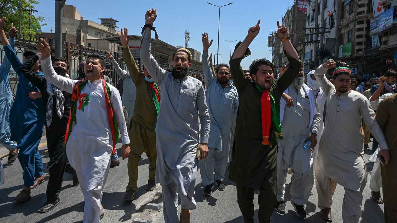 Supporters of former Prime Minister Imran Khan protest against the arrest of their leader, in Peshawar on May 10. 