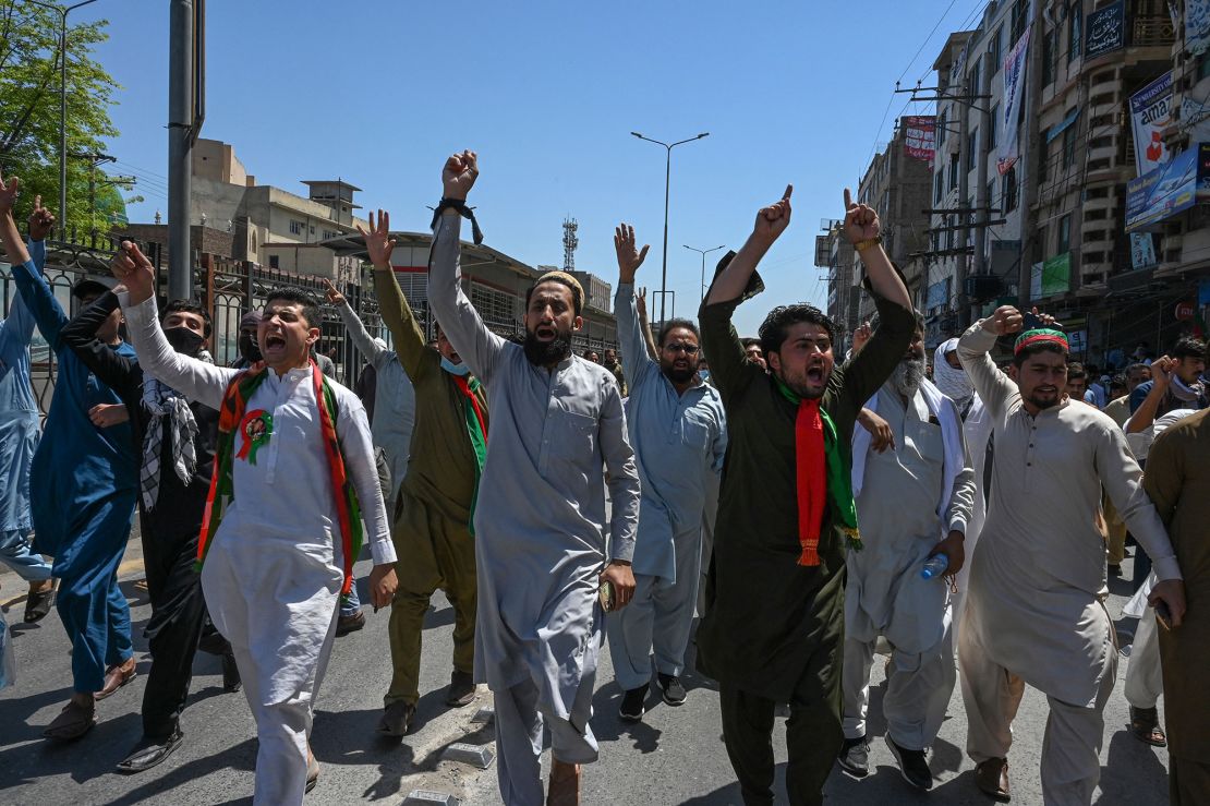 Supporters of former Prime Minister Imran Khan protest against the arrest of their leader, in Peshawar on May 10. 