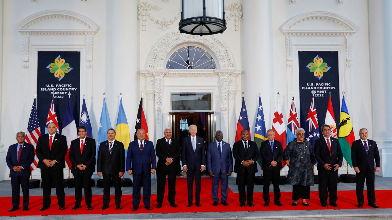 US President Joe Biden poses with leaders from the US-Pacific Island Country Summit at the White House in Washington, September 29, 2022