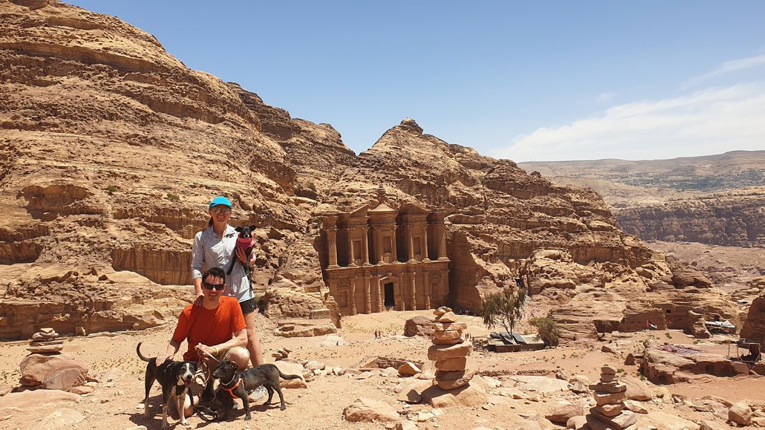 <strong>World tour: </strong>Janell and Stu, who have been on the road for nearly 10 years, with Weeti, Shadow and Azra in Petra, Jordan in April 2022.