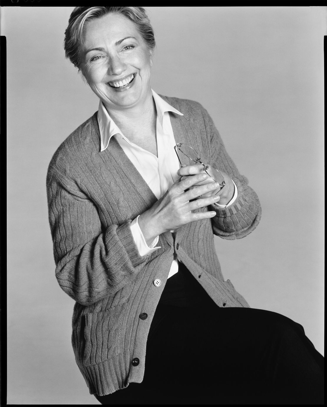 When Hillary Clinton, then a US Senator, arrived for a shoot with Avedon in 2003, she recalled him looking at her and saying, "I've seen this image before." She explained: "I was wearing a pantsuit, which had become my uniform in my Senate years. Just as he was about to start photographing, he asked me to take off my suit jacket and put on his sweater instead, which was warm and comfortable — just like Richard. I couldn't help but laugh and the photo he captured is one of my all-time favorites."