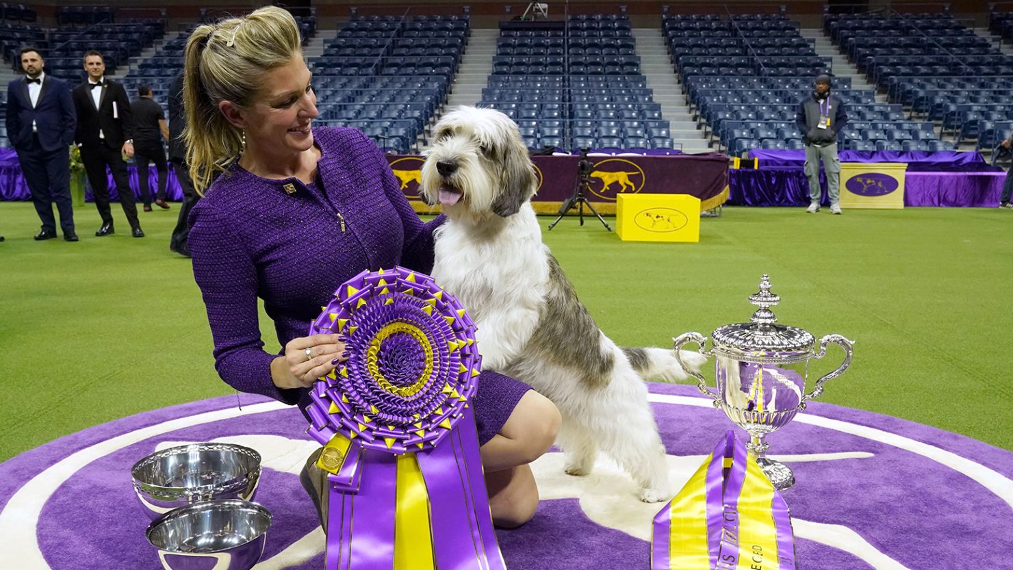 Handler Janice Hayes holds Buddy Holly the Petit Basset Griffon Vendeen after winning the Best in Show award during the Annual Westminster Kennel Club Dog Show Best in Show at Arthur Ashe Stadium in Queens, New York, on May 9, 2023. 