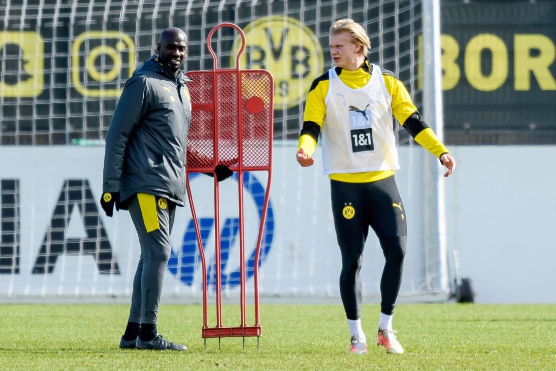 Addo and Haaland attend a Borussia Dortmund training session in March 2021. 