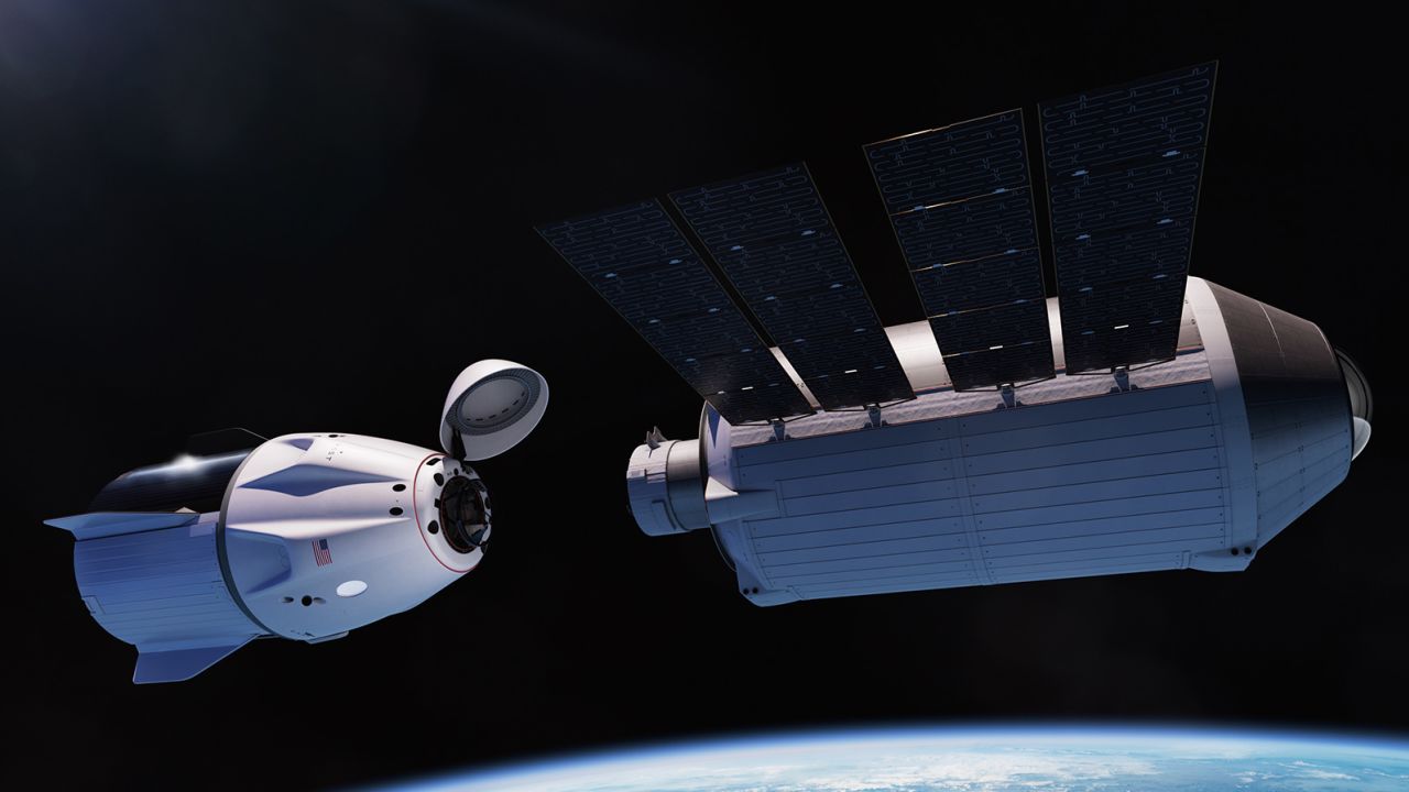 A rendering provided by Vast shows the company's proposed Haven-1 space station (right) docking with a SpaceX Dragon vehicle (left).