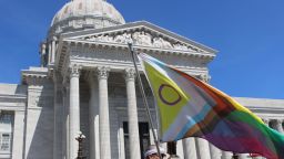 Members and advocates for transgender rights protested outside the Missouri State Capitol in Jefferson City on March 29, 2023.
