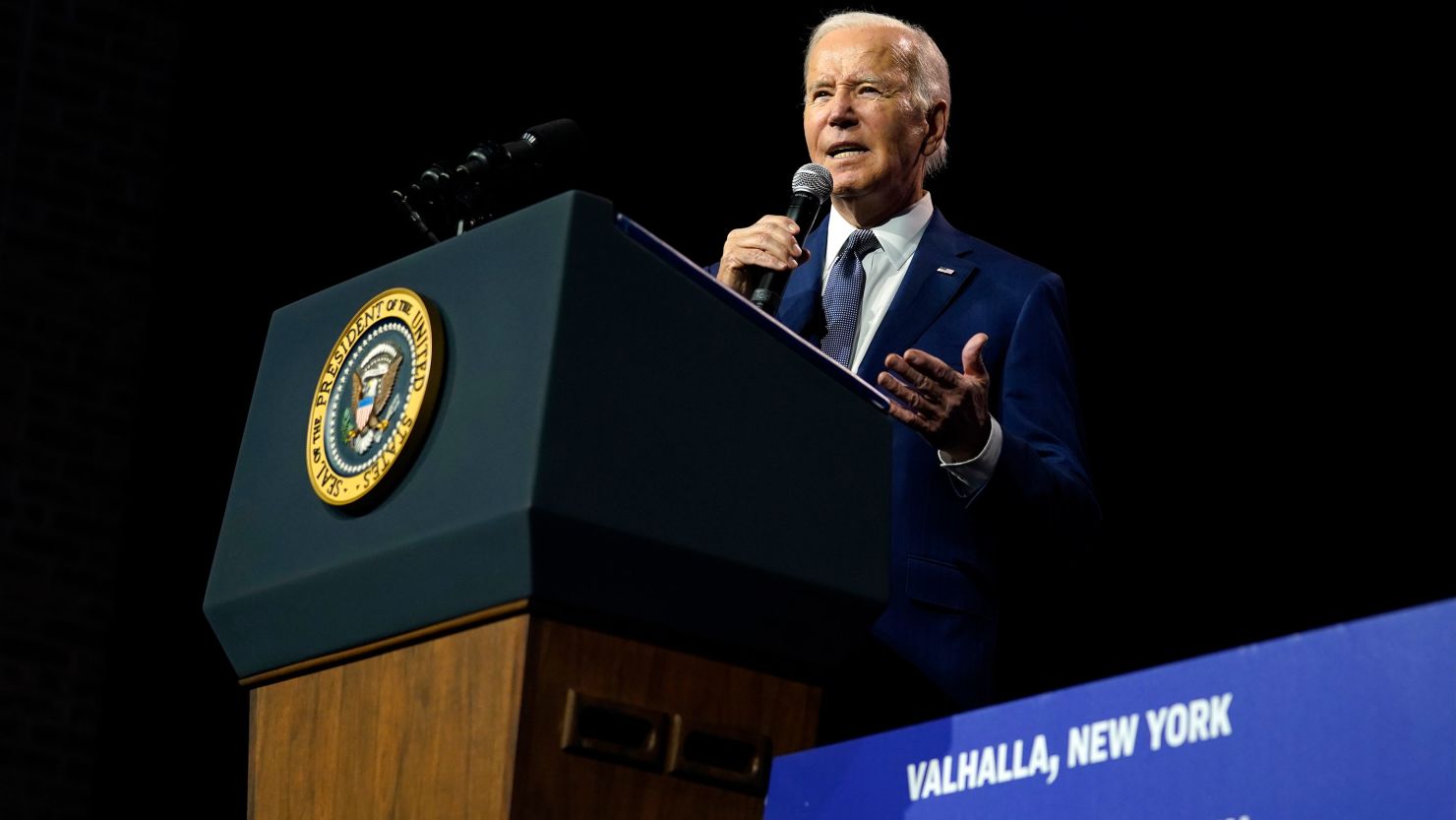 President Joe Biden speaks on the debt limit during an event at SUNY Westchester Community College on Wednesday, May 10, in Valhalla, New York.