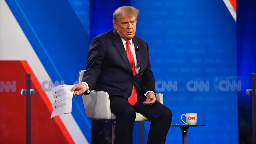 Former President Donald Trump participates in a CNN Republican Town Hall moderated by CNN's Kaitlan Collins at St. Anselm College in Goffstown, New Hampshire, on Wednesday, May 10, 2023.
