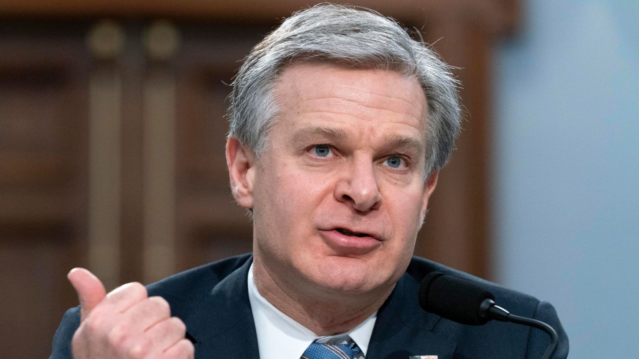 FBI Director Christopher Wray testifies on Capitol Hill in Washington on April 27, 2023. 