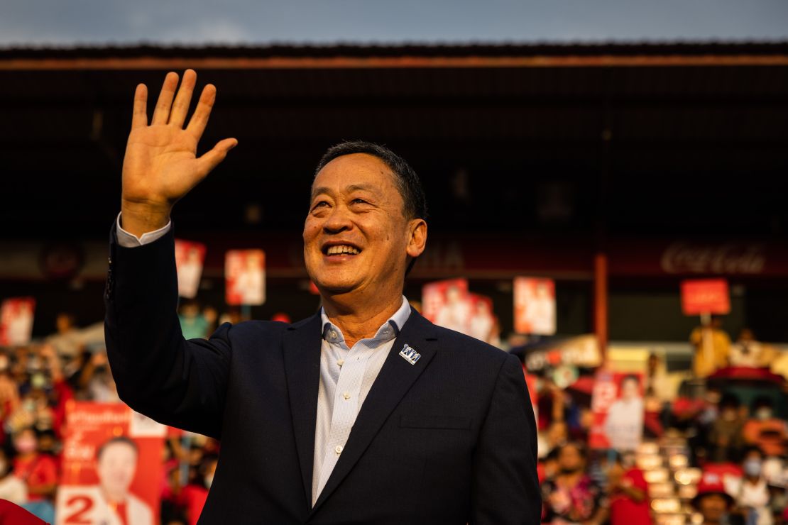 Pheu Thai party's Prime Minister candidate Srettha Thavisin waves to supporters at a rally on April 5 in Bangkok, Thailand.
