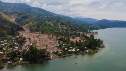 An aerial photo shows the damages brought by floods and landslides in Bushushu, South Kivu Province, Democratic Republic of the Congo, 09 May 2023.