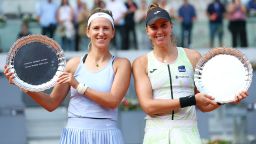 MADRID, SPAIN - MAY 07: Victoria Azarenka and Beatriz Haddad Maia of Brazil pose while holding their trophy's after winning the Woman's Doubles Final match defeating Coco Gauff and Jessica Pegula of United States on Day Fourteen of the Mutua Madrid Open at La Caja Magica on May 07, 2023 in Madrid, Spain. (Photo by Clive Brunskill/Getty Images)
