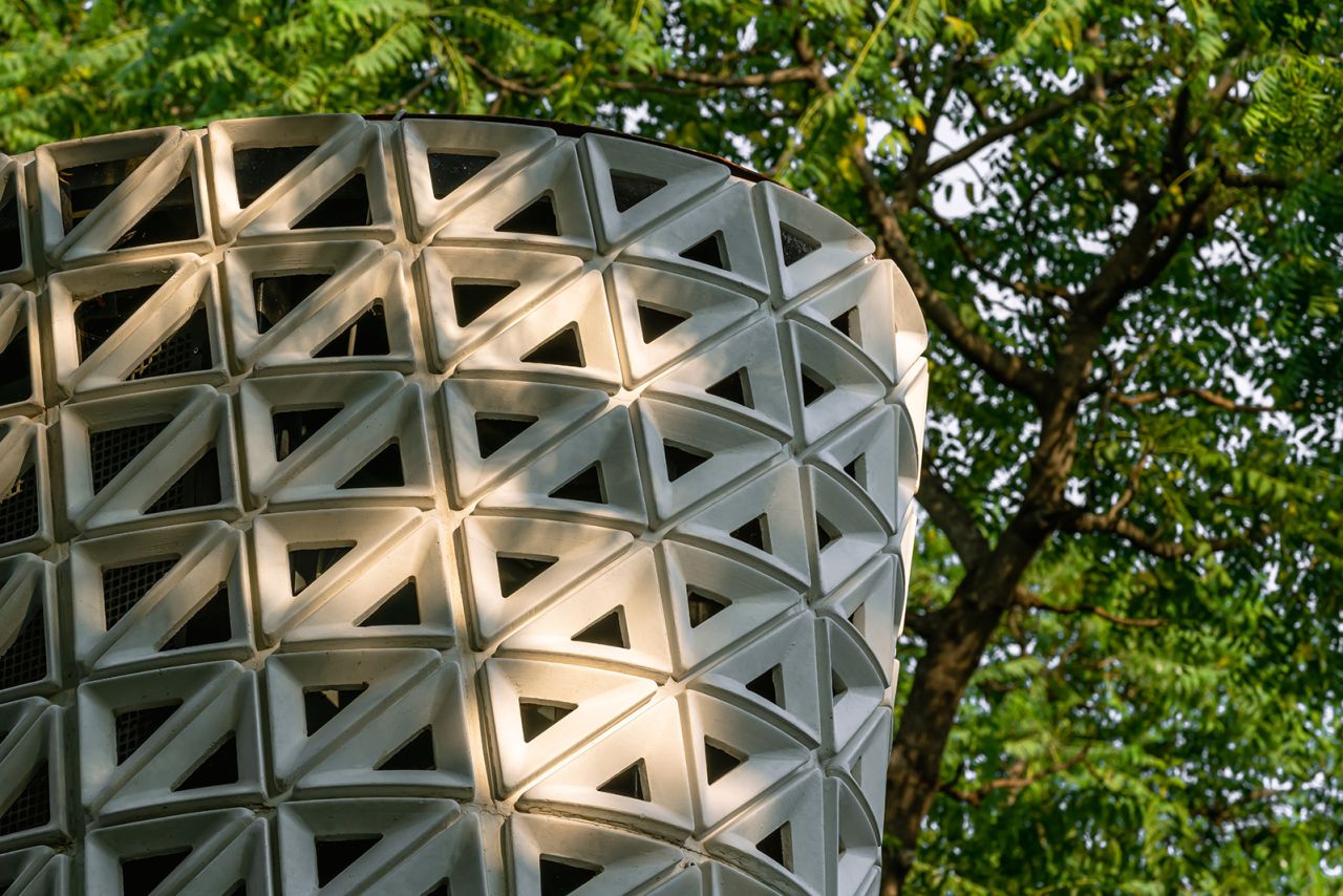 The geometric facade was designed to maximize the amount of wind pulled into the filters.