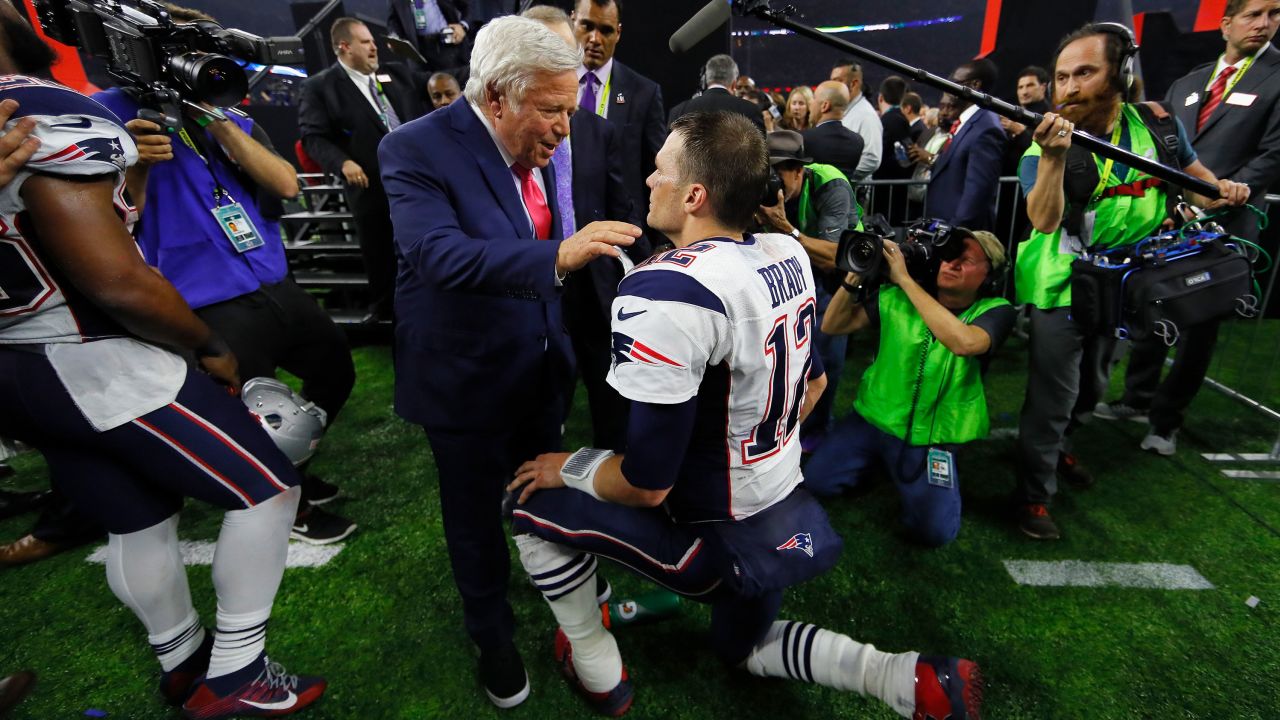 Brady celebrates with Kraft after the Patriots defeated the Atlanta Falcons at Super Bowl LI on February 5, 2017.