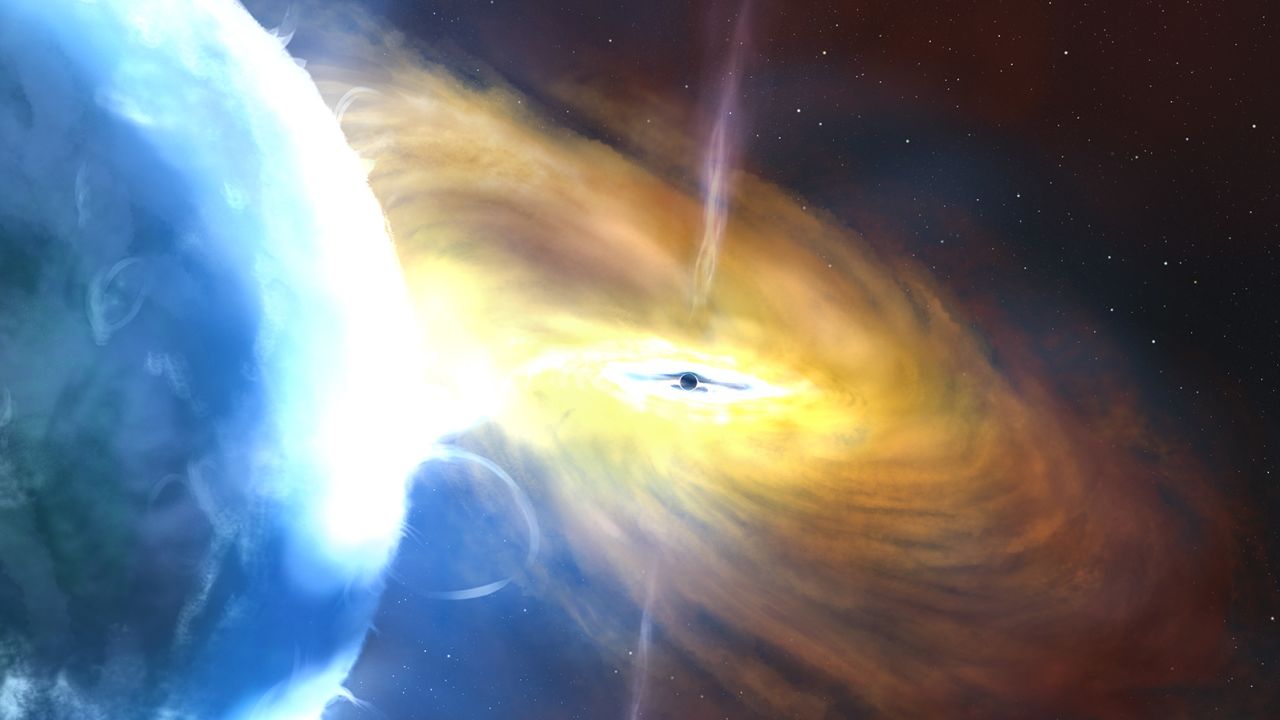 This illustration depicts a growing black hole as it gobbles up gas, dust and other cosmic material.