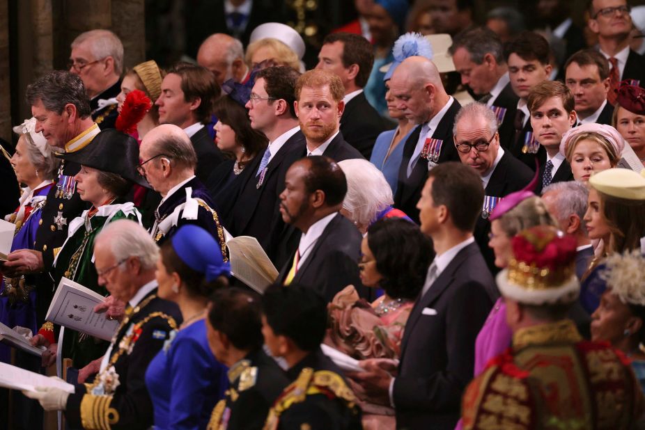 Britain's Prince Harry, center, looks around Westminster Abbey as he attends <a href="http://www.cnn.com/2023/05/06/uk/gallery/coronation-king-charles/index.html" target="_blank">his father's coronation</a> in London on Saturday, May 6. Harry was without his wife, Meghan, <a href="https://www.cnn.com/uk/live-news/king-charles-iii-coronation-ckc-intl-gbr/h_d46a1c2f25cd5c5ed888c323a5411ae9" target="_blank">who stayed back in California</a> with the couple's two children.