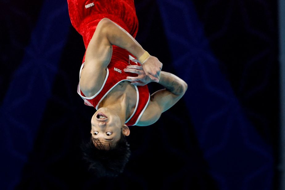 Indonesian gymnast Joseph Judah Hatoguan competes in the floor exercise final at the Southeast Asian Games on Tuesday, May 9. He won the bronze medal.
