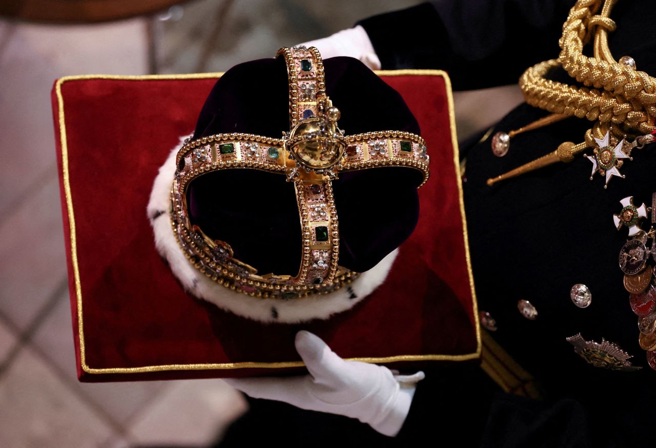 The St. Edward's Crown is carried inside Westminster Abbey during <a href="http://www.cnn.com/2023/05/06/uk/gallery/coronation-king-charles/index.html" target="_blank">the coronation of Britain's King Charles III</a> on Saturday, May 6. The crown is reserved for the coronation of a new monarch.