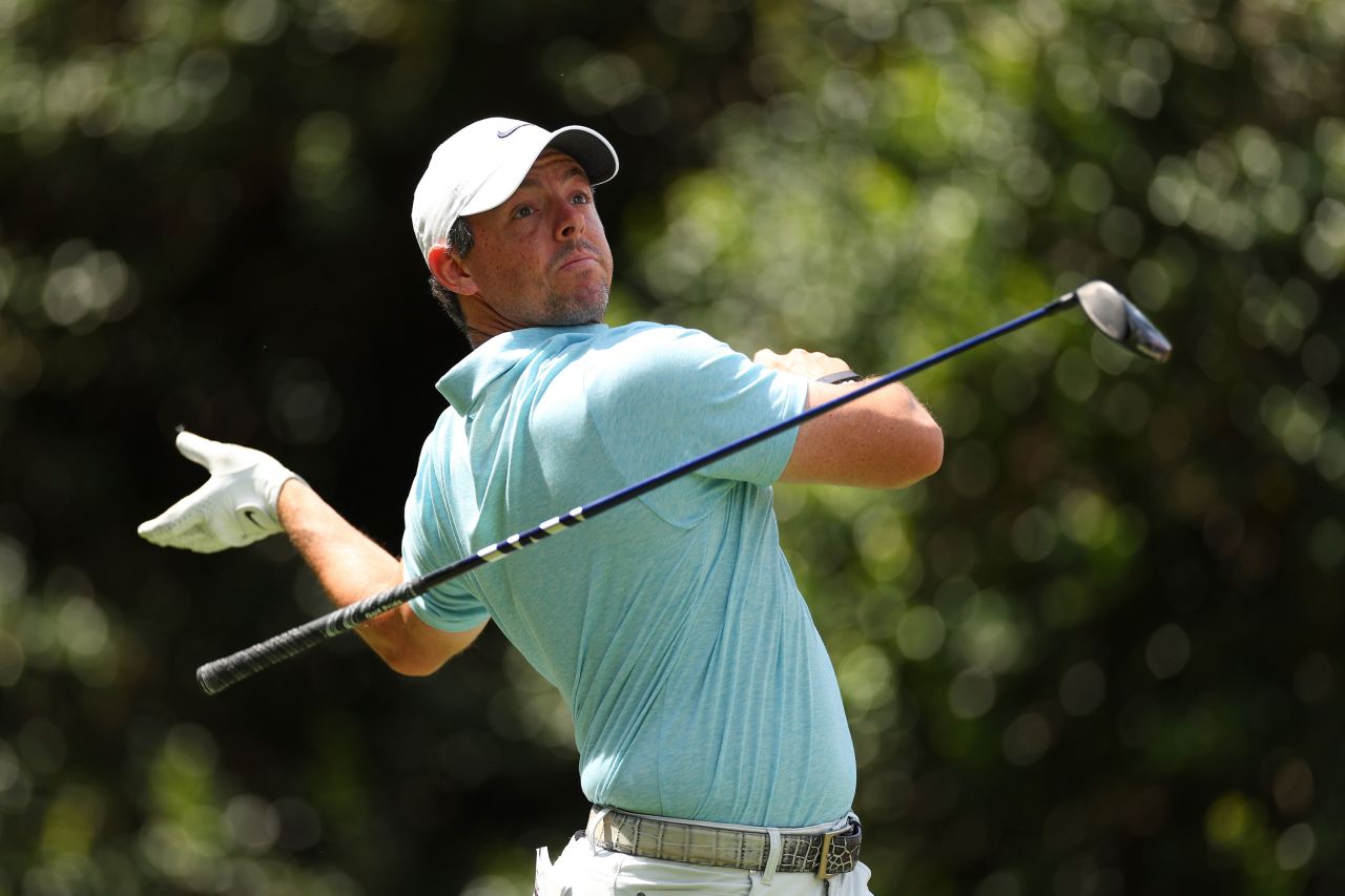 Rory McIlroy lets go of his club after hitting a tee shot at the Wells Fargo Championship on Sunday, May 7.