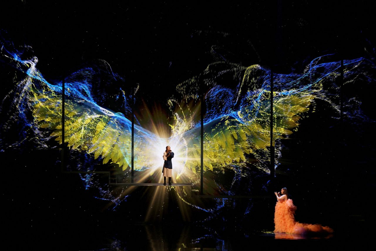 Ukrainian singer Alyosha, left, and British singer Rebecca Ferguson perform during the first semifinal of the Eurovision Song Contest on Tuesday, May 9.