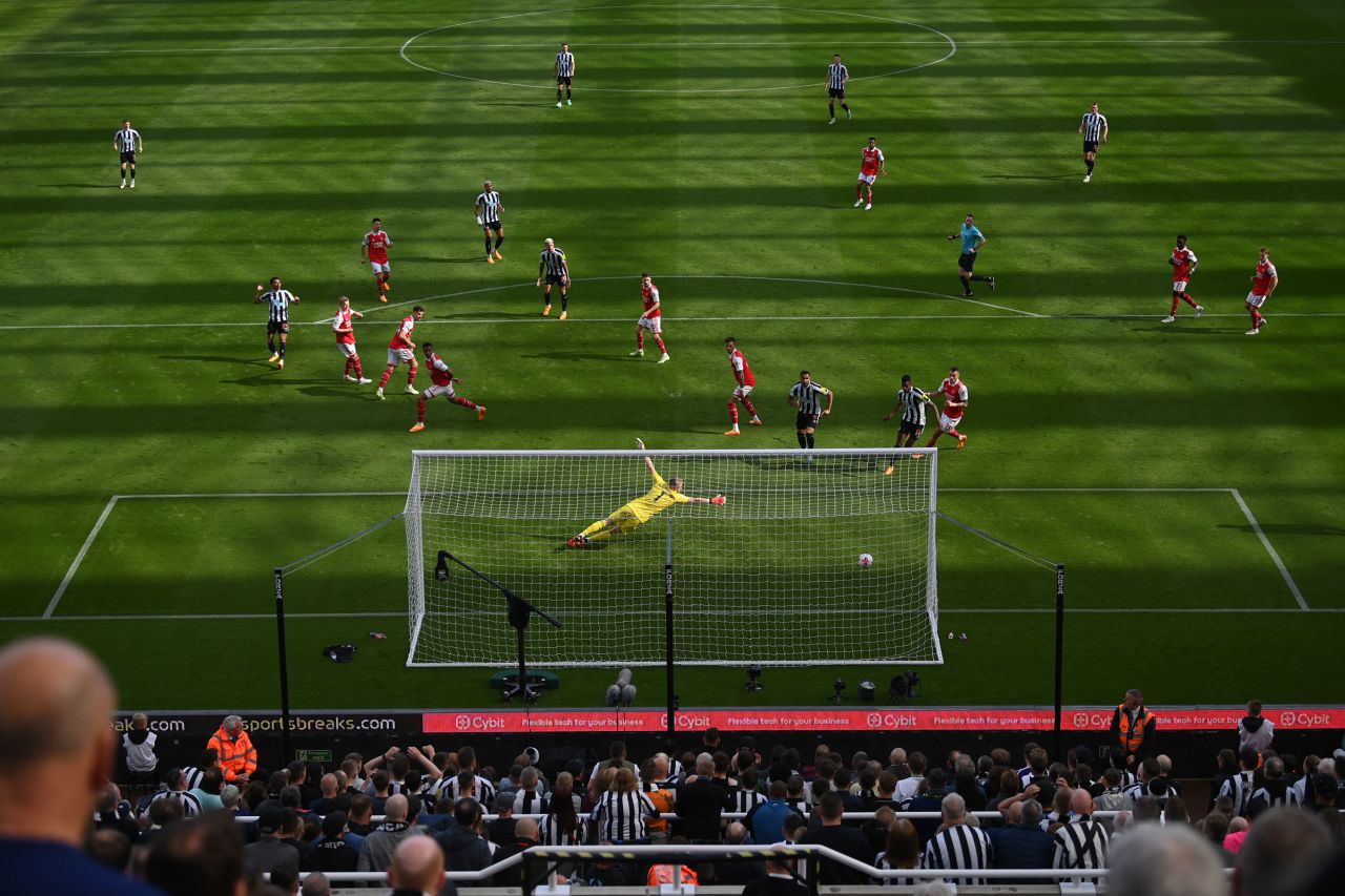 A shot from Newcastle's Jacob Murphy hits the post during a Premier League match in Newcastle upon Tyne, England, on Sunday, May 7. Arsenal defeated Newcastle 2-0.