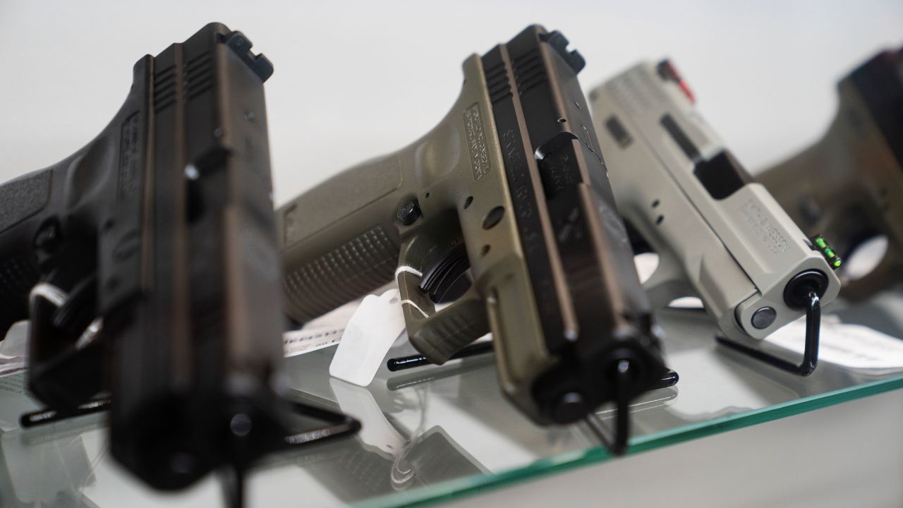 Smith & Wesson Brands Inc. and Springfield Armory Inc. semi-automatic pistols for sale at Hiram's Guns / Firearms Unknown store in El Cajon, California, on April 26, 2021. 