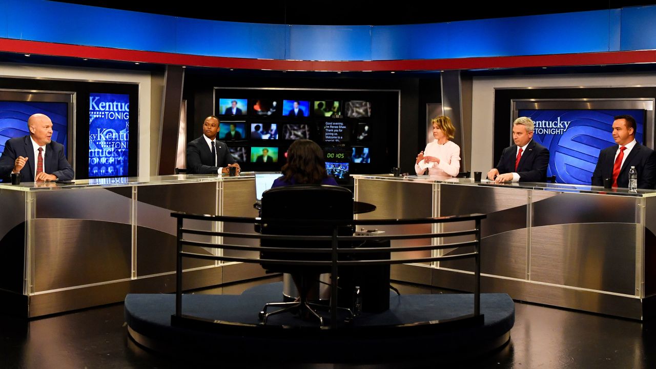 Kentucky gubernatorial candidates, from left, Eric Deters, Cameron, Craft, Ryan Quarles and Alan Keck are seen before a GOP primary debate in Lexington on May 1, 2023. 