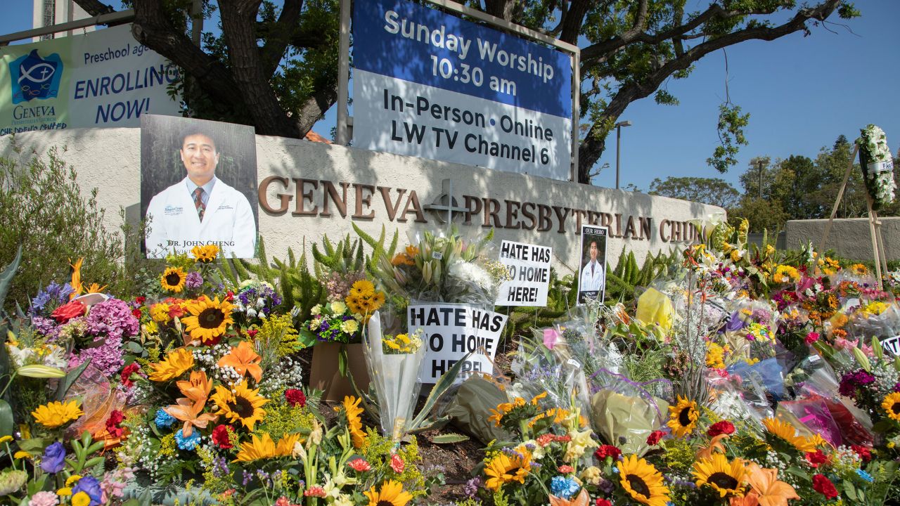 A sidewalk memorial is seen in front of the Geneva Presbyterian Church in Laguna Woods a week after the May 2022 shooting.