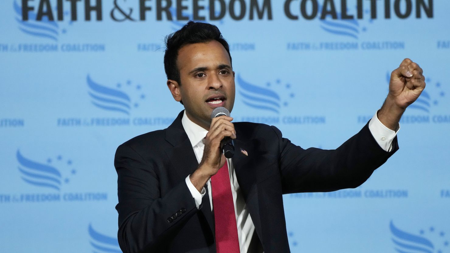 Republican presidential candidate Vivek Ramaswamy speaks during the Iowa Faith and Freedom Coalition Spring Kick-Off, Saturday, April 22, 2023, in Clive, Iowa. 