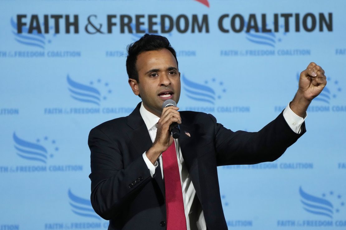 Vivek Ramaswamy speaks during the Iowa Faith and Freedom Coalition Spring Kick-Off in April 2023.