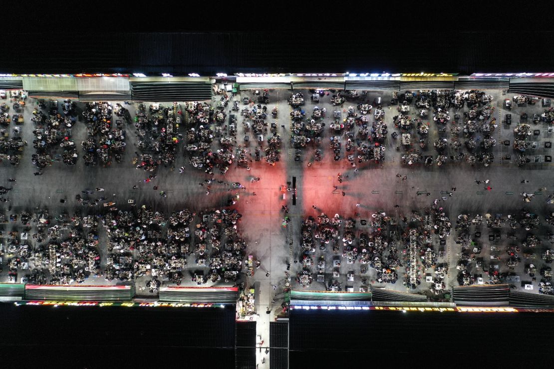 This aerial photo taken on May 8, 2023 shows people enjoying Zibo-style barbecue in the city.