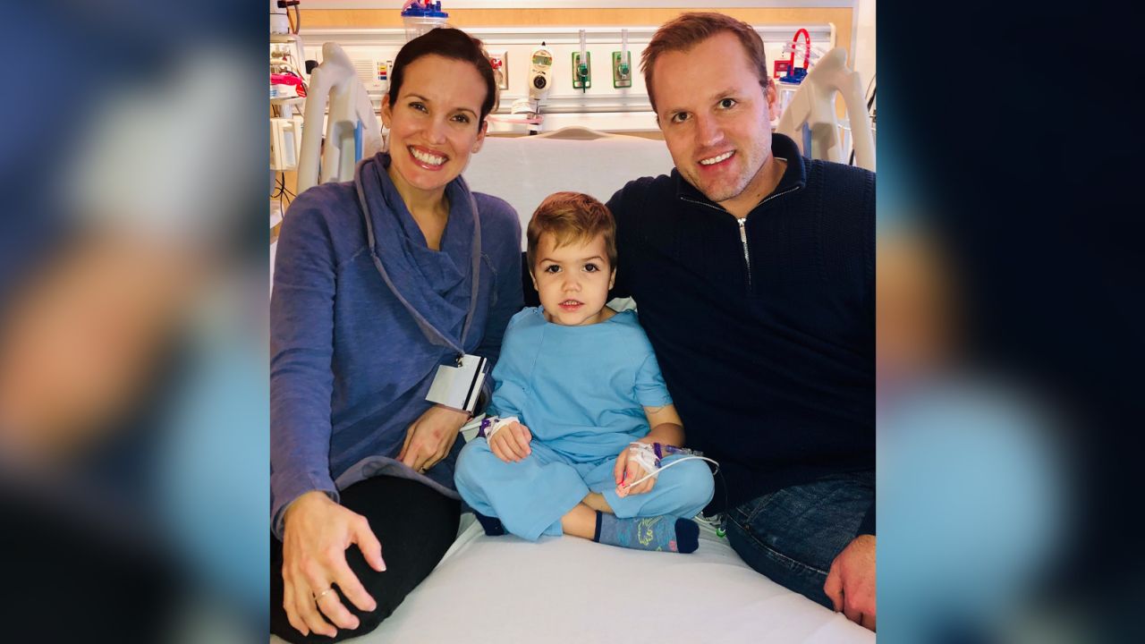 Sara, left, Andrew and Nate Plasman on the day he was dosed in the trial in January 2019.