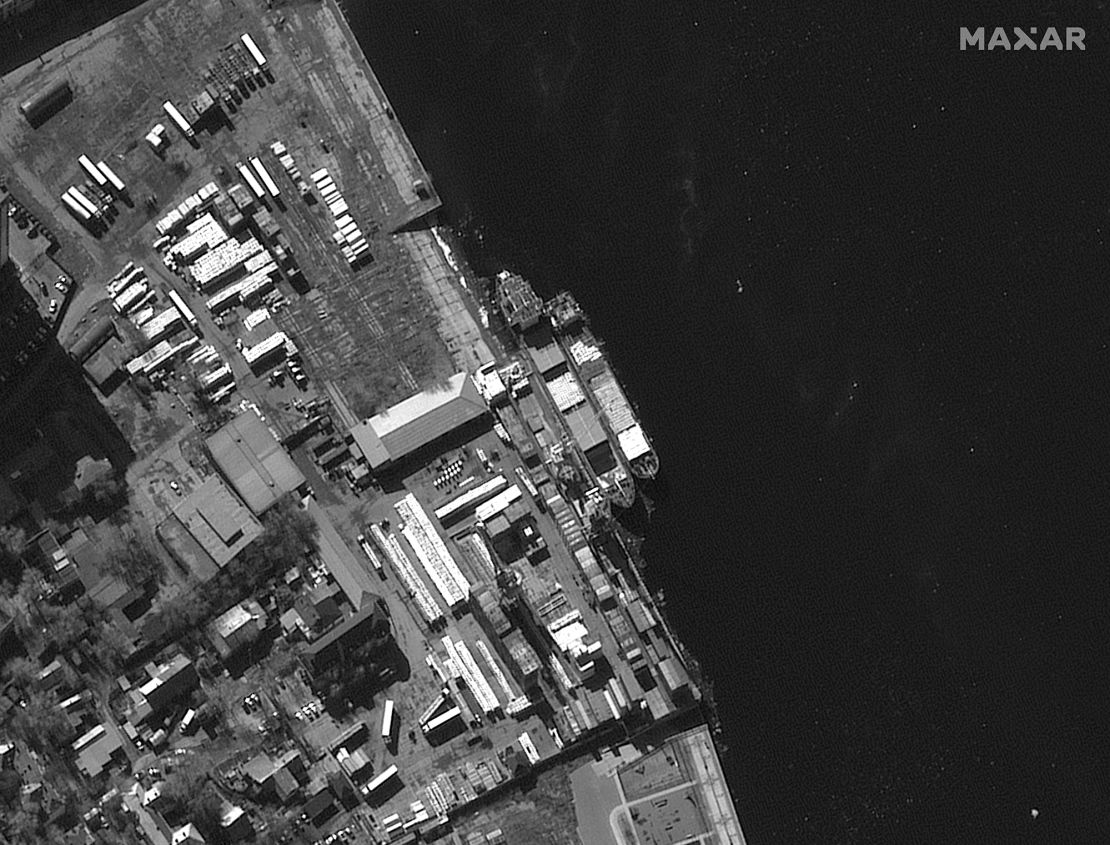 The Russian-flagged cargo ship (left) that experts say could be linked to the arms trade is seen in a satellite image of  Astrakhan Port in Russia taken on March 7.