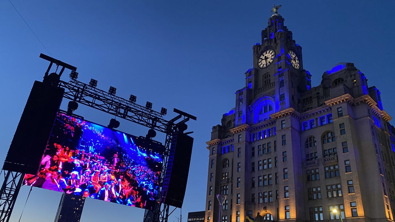 The city's famous Liver building as the contest nears.